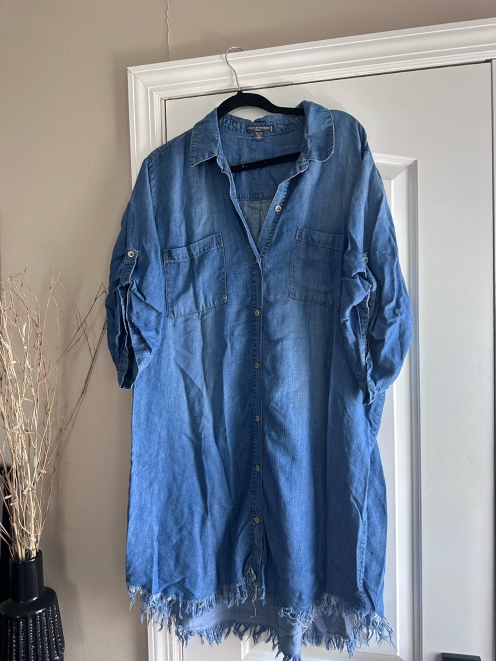 Denim Button-Front Dress with Raw Hem